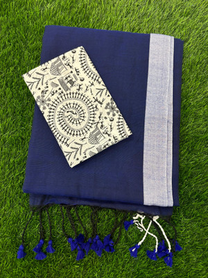 SMRITI BOUTIQUE Printed Bollywood Handloom Pure Cotton Saree(Blue, White, Black)