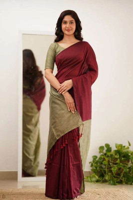 pal saree mahal Solid/Plain Handloom Pure Cotton Saree(Green, Maroon)