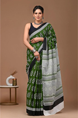 LOVWEAR Printed Ikkat Pure Cotton Saree(Green)