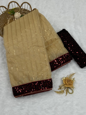 SROLY Embroidered Bollywood Net Saree(Cream)