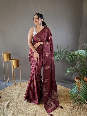 SGF11 Embroidered Handloom Silk Blend Saree(Brown)