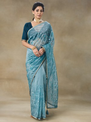 Divastri Embellished Bollywood Satin Saree(Blue)