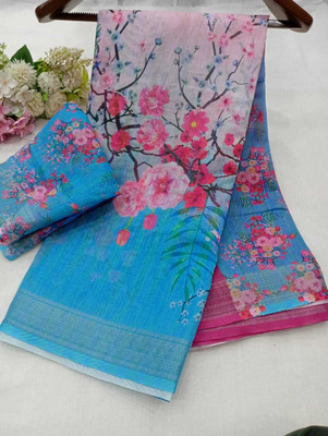 ASHTA Floral Print Kanjivaram Linen Saree(Blue)