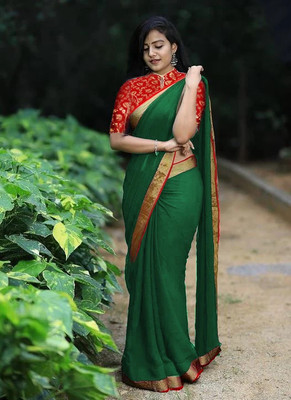 Sareez House Solid/Plain, Embellished Bollywood Georgette Saree(Green)
