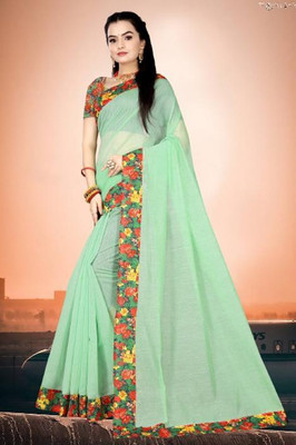 manish Solid/Plain Chanderi Cotton Blend Saree(Light Green)