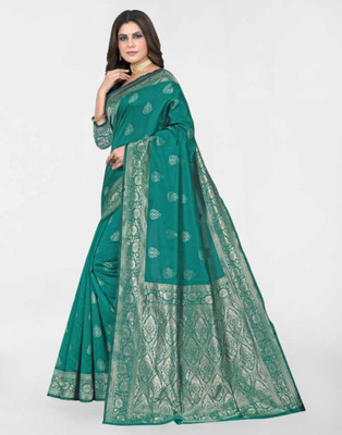 Samah Woven, Embellished, Self Design Banarasi Silk Blend, Jacquard Saree(Green, Gold)