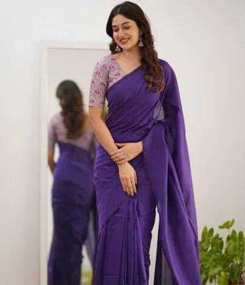 ACHOL Solid/Plain Handloom Cotton Blend Saree(Blue)