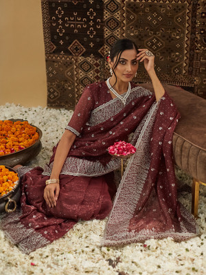 KASEE Embellished Chanderi Silk Blend Saree(Maroon)