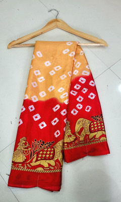 TEN R Animal Print, Blocked Printed Bandhani Crepe, Silk Blend Saree(Cream, Red)