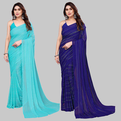 Anand Sarees Embellished, Solid/Plain Bollywood Satin Saree(Pack of 2, Light Blue, Dark Blue)