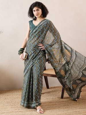 AHIKA Printed Daily Wear Linen Saree(Green)