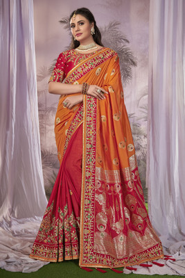 MANOHARI Woven Banarasi Silk Blend Saree(Orange, Red)