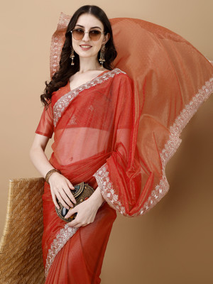 FABMORA Embroidered, Embellished Bollywood Net Saree(Orange)