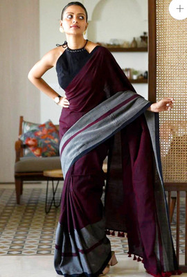 HouseOfCommon Solid/Plain Handloom Handloom Cotton Blend Saree(Purple, Silver)