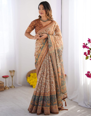 Tasrika Floral Print, Woven, Embellished Kalamkari Linen Saree(Grey)