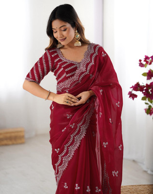 Tasrika Embroidered Bollywood Tissue Saree(Red)