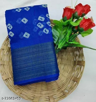 Grubstaker Printed Bandhani Cotton Linen Saree(Multicolor)