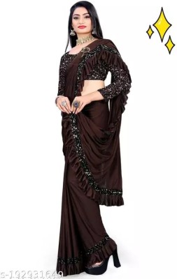 PLEXSTAR Self Design, Checkered Bollywood Lycra Blend Saree(Brown)