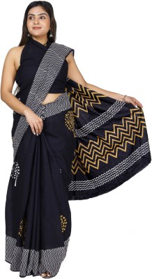 Divyam Printed Handloom Pure Cotton Saree(Black, White, Multicolor)