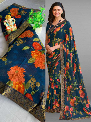 BLEESBURY Floral Print Bollywood Georgette, Chiffon Saree(Dark Blue)