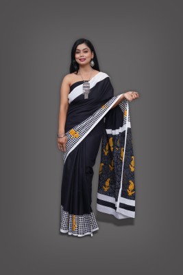 tanishaka fab Printed Bollywood Pure Cotton Saree(White, Black)