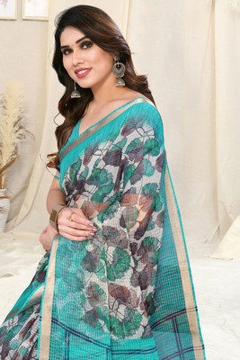 MIRCHI FASHION Solid/Plain, Embellished Kota Doria Polyester Saree(White, Light Blue)