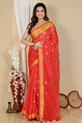 DipDiya Woven Handloom Cotton Blend Saree(Red)