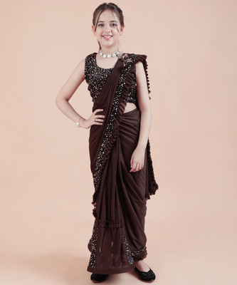 VRAJTEX FAB Solid/Plain Bollywood Lycra Blend Saree(Brown)