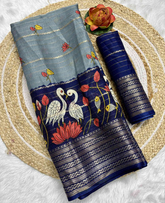 RegalDrapes Printed Manipuri Jacquard, Silk Blend Saree(Blue)