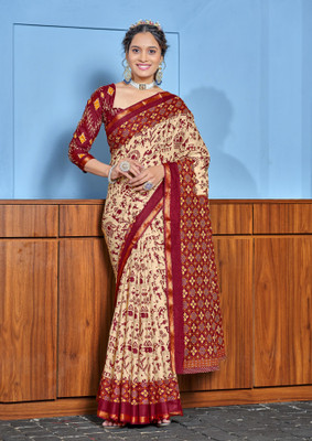 Divastri Printed Chanderi Cotton Blend Saree(Cream, Maroon)