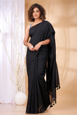 GOLU Solid/Plain Handloom Cotton Blend Saree(Black)