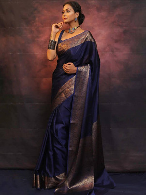 Rudr Venture Self Design Banarasi Cotton Silk Saree(Blue)