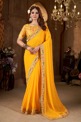 Vivan Fab Embroidered Bandhani Georgette Saree(Yellow)