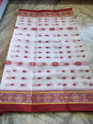 Dutta Self Design Tant Pure Cotton Saree(White)