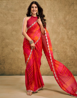 Satrani Printed, Embellished Bollywood Chiffon, Georgette Saree(Red, Pink, Orange)