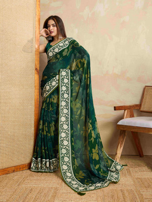shoplance Floral Print Bollywood Georgette Saree(Green)