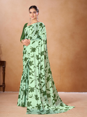 GARDEN VARELI Floral Print Bollywood Crepe, Satin Saree(Green)