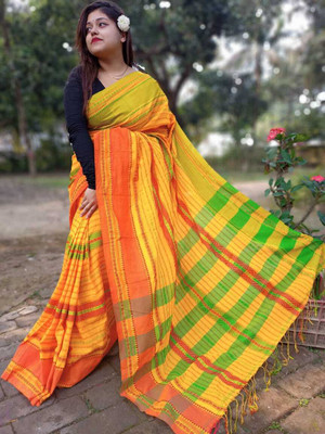 AMIT STORE Striped Handloom Cotton Blend Saree(Yellow)
