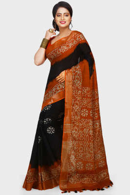Mystory Printed Tant Cotton Linen Saree(Orange, Black)