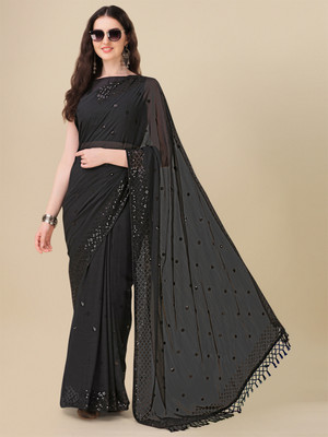 Granthva Fab Embroidered, Embellished, Self Design Bollywood Georgette Saree(Black)