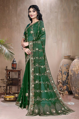 SANSKAR TEXTILE Embroidered, Embellished Bollywood Georgette Saree(Green)
