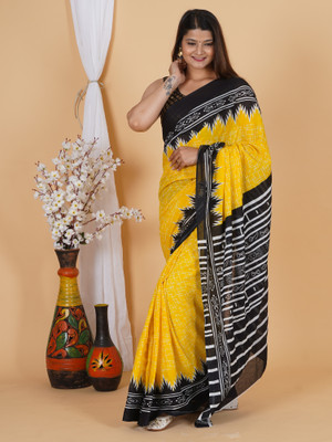 HIYAMI Blocked Printed, Color Block, Floral Print, Printed Ikkat Pure Cotton Saree(Yellow)