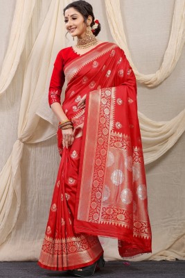 sarjan creation Self Design, Temple Border, Woven, Floral Print Kanjivaram Jacquard, Pure Silk Saree(Red)