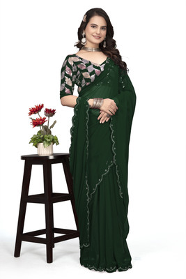 GRIFEZ Solid/Plain Bollywood Georgette Saree(Dark Green)