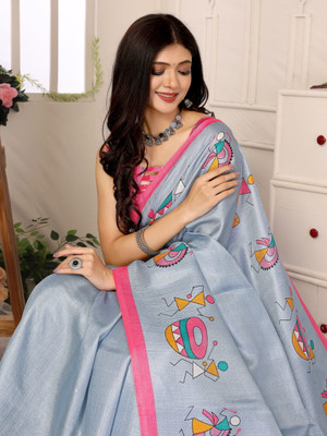 YASHIKA Printed Assam Silk Art Silk Saree(Grey)