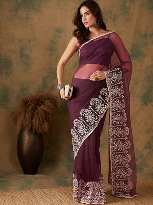 Sangria Embroidered Daily Wear Net Saree(Purple)