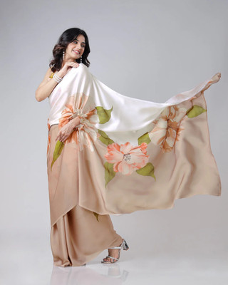 QEXTY Printed Bollywood Silk Blend Saree(Beige, White)