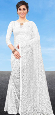 NORAFLEX Embroidered Bollywood Net Saree(White)