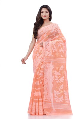 Desh Bidesh Woven, Self Design, Temple Border, Floral Print Jamdani Handloom Cotton Blend, Pure Cotton Saree(Orange)