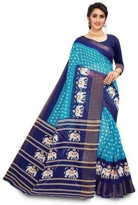 Moda Rapido Printed Kanjivaram Cotton Blend Saree(Dark Blue)